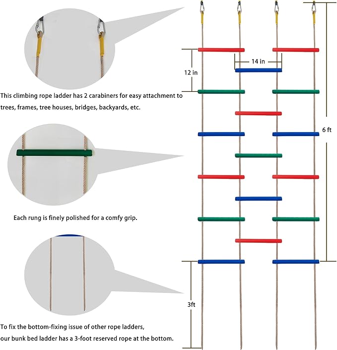 Wooden Climbing Rope Ladder for Kids: 6 - Foot - Long, 14 - inch - Wide, Sturdy, Durable, for Indoor/Outdoor Use, Good for Health, a Fantastic Gift (Three Multicolored Sets)