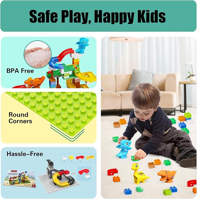 Building Blocks for Kids Toddlers 3 4 5 6 7 8+ Year Old, 127-piece Large Classic Building Bricks, Dinosaur Marble Run with 2 Baseplate for Boys Girls All Ages, Compatible with All Major Brands