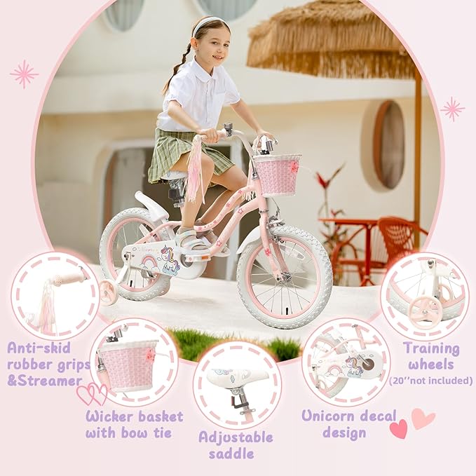 Princess Style Girls Bike with Basket for 2-13 Years Old Kids and Toddlers, 12 14 16 18 Inch Bicycle for Children with Training Wheels and Streamers, 20 Inch with Kickstand, Multiple Colors