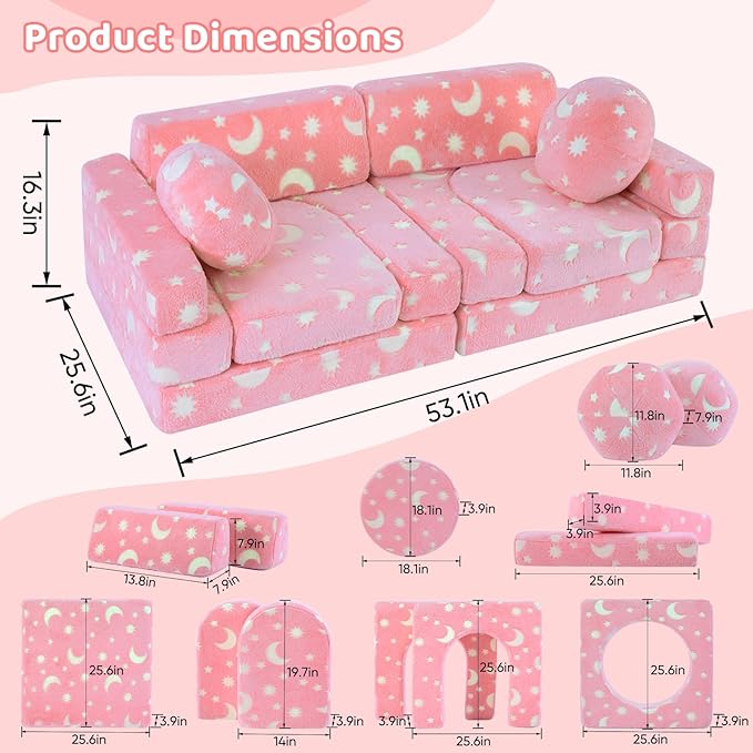 13 PCS Kids Play Couch, Modular Glowing Kids Toddler Couches, Kid Play Couch Sofa for Playroom and Bedroom (Pink)