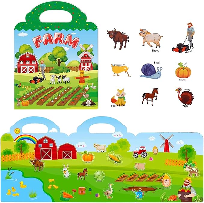 Reusable Sticker Book for Kids, Farm Stickers Educational Learning Toys Travel Stickers Activity Books for Toddler Girls Boys Age 3+ Birthday Gifts