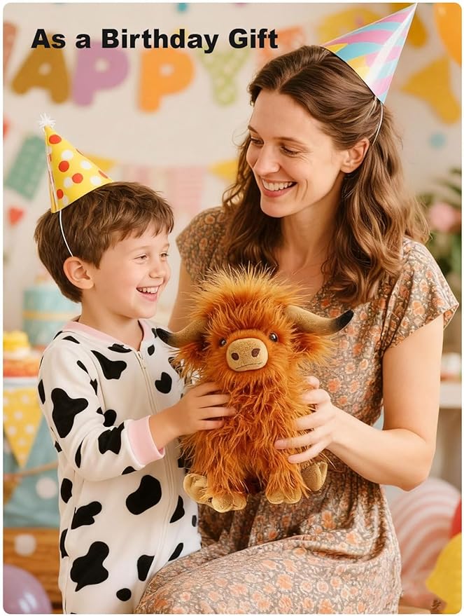 Highland Cow Fluffy Stuffed Animal, 10" Adorable Realistic Plush Toy Soft Cute Cow Plushie Home Decor Gift for Boys Girls Kids Teens Adults, Blue