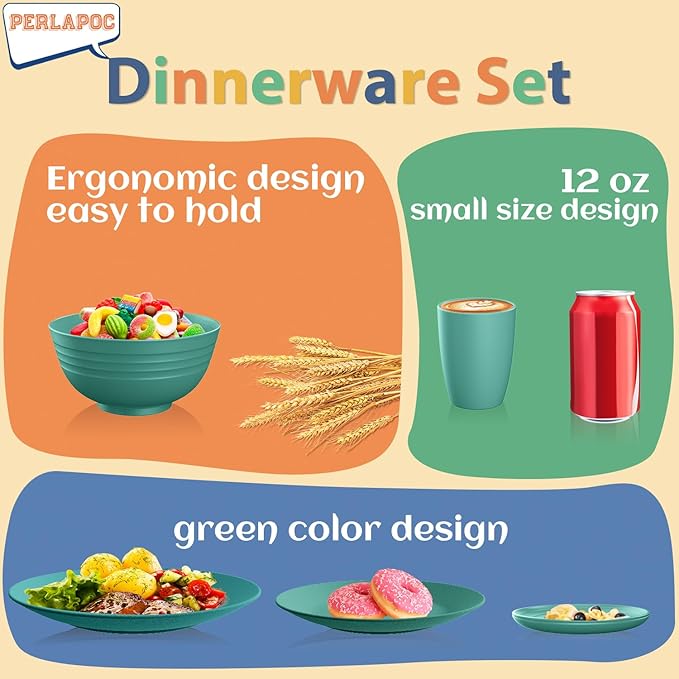 Wheat Straw Dinnerware Sets 40 PCS Unbreakable Dishes Set for Kitchen, Outdoor, Camping Dishes Plates and Bowls Sets with Cups, Dessert Plates, Dishwasher & Microwave Safe - Green