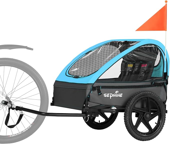 Sepnine Kids Bike Trailer, Suitable for 1 to 2 Kids, 12+ Months, Quick Attach to Bike, Foldable, with 5-Point Harness and Storage Bags