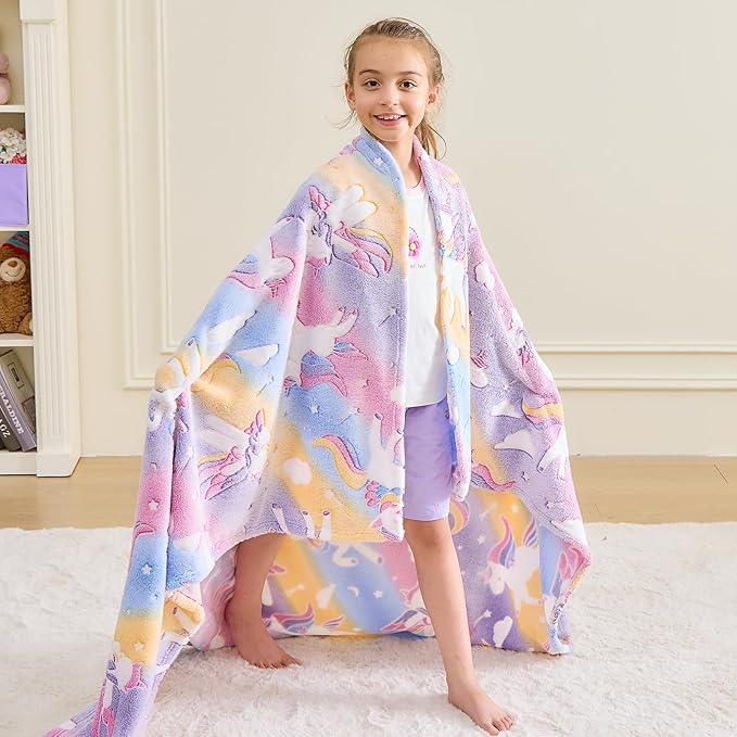 Wajade Unicorn Gifts for Girls - Glow in The Dark Unicorn Blanket Birthday Easter Decor for Kids Age 3 4 5 6 7 8 9 10 11 12 Years Old Teens Child Toddler Throw Colourful 50"x60"