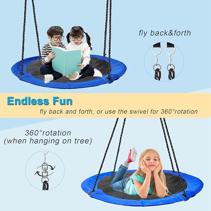 43 inch Saucer Tree Swing for Kids,Durable Textilene Round Swing Heavy Duty, Waterproof and All-Weather Resistant,Swivel,Adjustable Strong Ropes,Easy to Install,Outdoor Playground Backyard