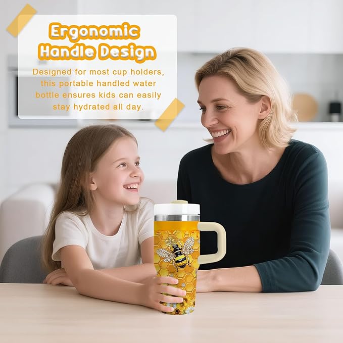 14oz Bee Tumbler with Handle, Stainless Steel Insulated Cup with Lid and Straw Personalized 14 OZ Bee Tumblers Gifts for Women Men