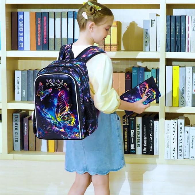 CCJPX 3PCS Backpack for Girls, 16 Inch Butterfly Preschool School Backpacks with Lunch Box, Water Resistant Bookbag with Elementary Toddler Travel