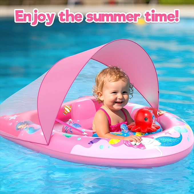 Sunrad Baby Pool Float with Canopy UPF50+ Sun Protection, Inflatable Baby Swim Float with Toy Play Console & Adjustable Safety Seat, Toddler Infant Pool Floaties for 6-36 Months