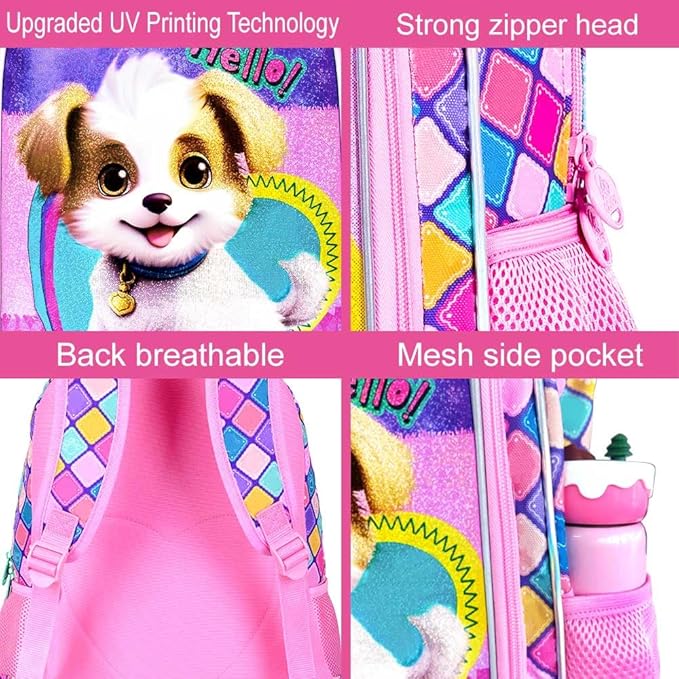 CCJPX 3PCS Kids Backpack for Girls, 16”Dog School Bookbag Set, Cute Water Resistant Elementary School Bag for Preschool Kindergarten Toddler