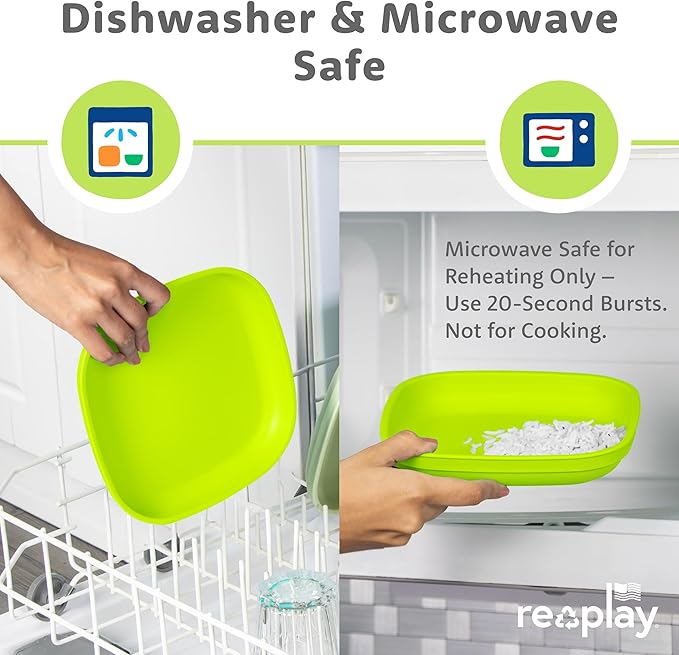 Re-Play Toddler Plates - 22 Oz. Deep-Walled Flat Kids Plates - Dishwasher & Microwave Safe - Made in USA - Set of 4-7.37" x 7.37" x 1.25" - Spring