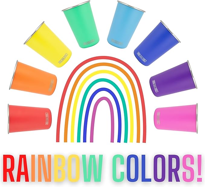 Rainbow Cups 16 oz Pint Cups, Stackable Tumblerrs, Eco Friendly Premium Metal Drinking Glasses