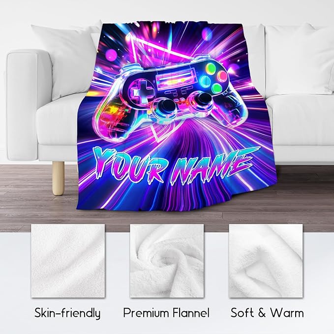 Gaming Blanket for Boys - Personalized Gamer Gifts for Kids, 30"x40" Video Game Throw for Teen Child - Custom Boys Bedroom Decor with Name