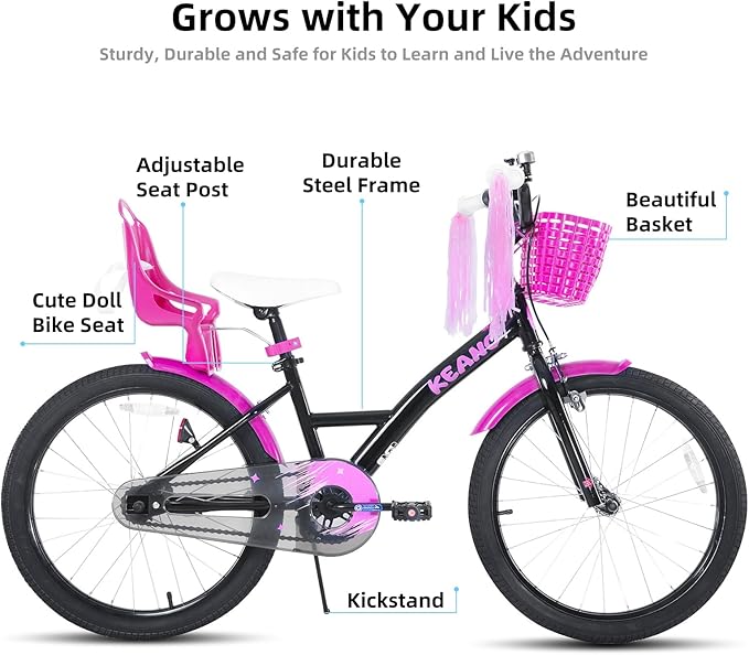 KEANO Zinnia 14 16 20 Inch Kids Bike for Girls Ages 3-10 Years, Girls' Bikes with Training Wheels, Streamers, Basket and Doll Seat, Children Bicycles