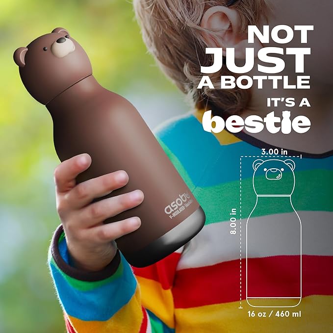 asobu Bestie Bottle Insulated Stainless Steel Water Bottle with Detachable Soft Animal Head Fun Drinking For Kids and Teens with Flexible Reusable Straw 16 Ounce (Brown Bear)