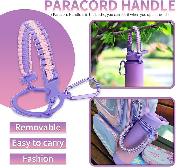 Mininoo Kids Water Bottle for School, 16oz Insulated Stainless Steel Water Bottle Kids with Straw Lid for Girls（Purple/Pink）