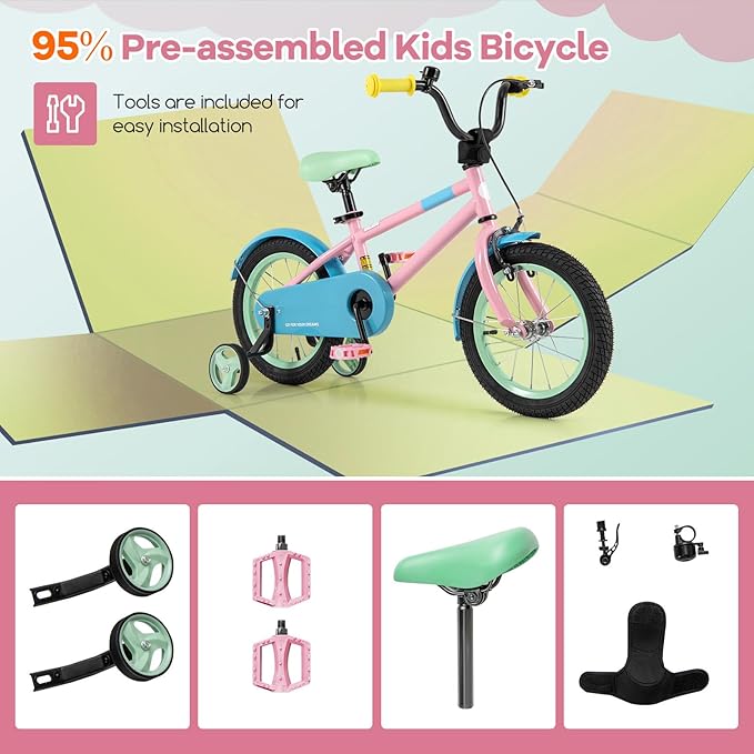 BABY JOY Colorful Macarons Kids Bike, 12 14 16 18 Inch Sporty Children's Bicycle with Training Wheels, Adjustable Handlebar & Saddle, Handbrake & Coaster Brake, Boys Girls Bike for 3-8 Years Old