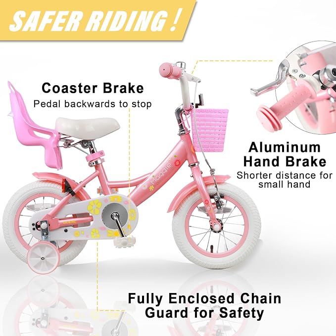 Glerc Maggie Girls Bike, 12-20 Inch Kids Bike for 2-13 Years Old Children, Princess Style Kids Bicycle with Doll-Seat & Basket & Training Wheels, Multiple Colors