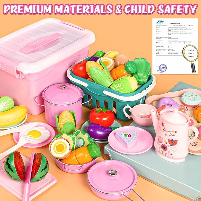121Pcs Play Kitchen Accessories, Kids Kitchen Playset, Pretend Play Food Tea Party Set, Toy Kitchen Kids Cooking Real with Apron＆Chef Hat, Utensils Cookware Pots＆Pans, Toy Organizer, Toddler Toys Gift