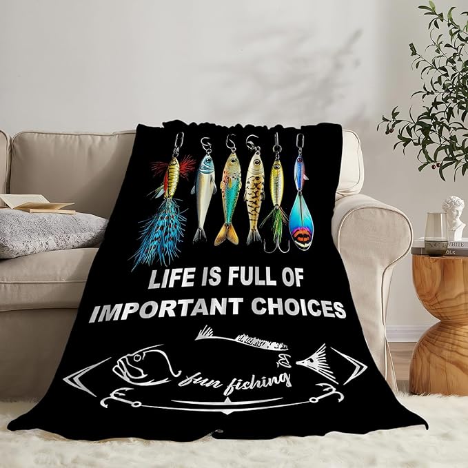 Fishing Blanket Fleece Soft Warm Plush Fishing Throw Blankets Lightweight Plush Fuzzy Cozy Fish Blanket Gifts for Lovers Men Women Suitable for Couch Sofa Bed 60"X50"