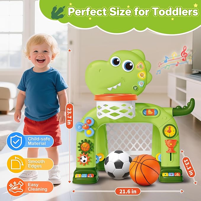 Toddler Basketball Hoop & Soccer Goal Toy,Dinosaur Toys with Light & Music,Musical Toys for 1 Year Old Boy Girl Learning Toy for Toddlers 1-3 Birthday Gifts for 1 Year Old Boys