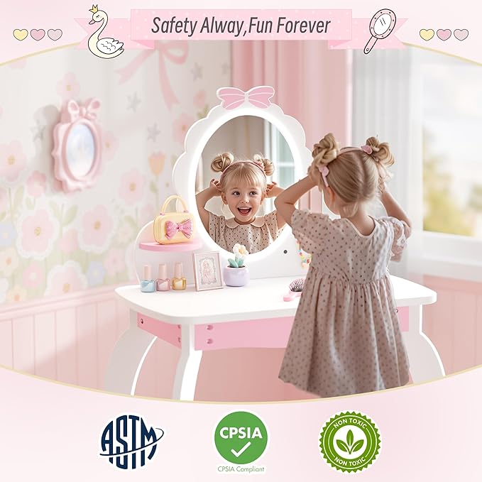MU Kids Vanity Set with Lighted Mirror and Stool, Kids Makeup Vanity Desk with Storage Space, Bow Pattern for Little Girls, Toddler Princess Makeup Dressing Table with Chair Set, White