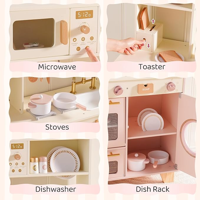 ROBOTIME Kids Play Kitchen, Modern Pretend Wooden Toy Kitchen with Ice Maker, Coffee Maker, Oven, Microwave, Toaster, Stove, Dishwasher & Sink, Complete Kitchen Playset for Ages 3+ (Pink)