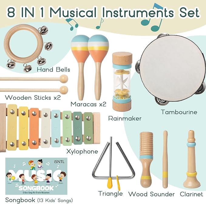 Baby Musical Instruments - Wooden Montessori Toys for Toddlers,Modern Boho Xylophone Includes Songbook with 13 Kids' Songs,Neutral Colors Wooden Percussion Instruments Set