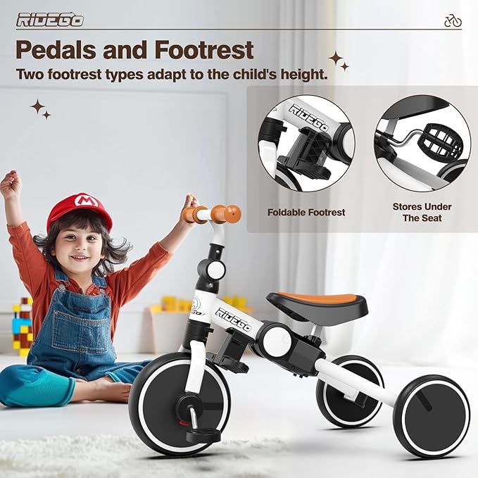 Ridego Toddler Tricycle with Push Handle for 3-5 Years Old Boys and Girls,5 in 1 Foldable Toddler Bike with Adjustable Seat, Kids Tricycle Ride-on Toys for Kids Birthday Gifts