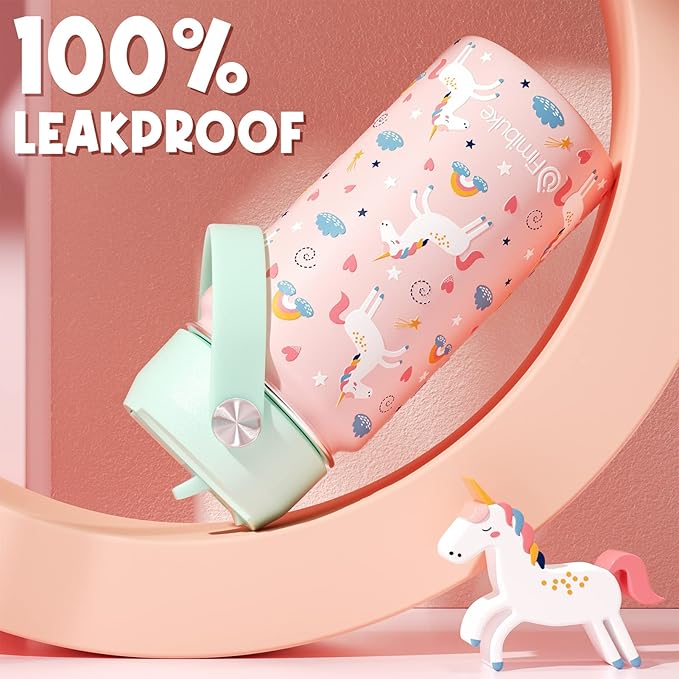 Fimibuke Kids Insulated Water Bottle, 14oz BPA FREE Double Wall Vacuum Tumbler 18/8 Stainless Steel Leak Proof Kids Cups with Straw Metal Bottle for School Boy Girl (2 Pack, UNICORN/WHITE DINOSAUR)