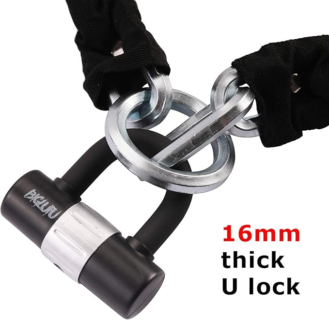 BIGLUFU Motorcycle Lock Chain Locks with 4Keys 16mm U Lock, 150cm/5ft Heavy Duty Long Chain, Cut Proof 12mm Thick Chains, Ideal for Motorcycles, Motorbike, Bike, Generator, Gates, Bicycle, Scooter