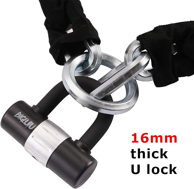 BIGLUFU Motorcycle Lock Chain Locks Heavy Duty, 150 cm/5 ft Long, Cut Proof 15mm Thick Square Chains with 4Keys 16 mm U Lock, Ideal for Motorcycles, Motorbike, Bike, Gates, Bicycle, Scooter.