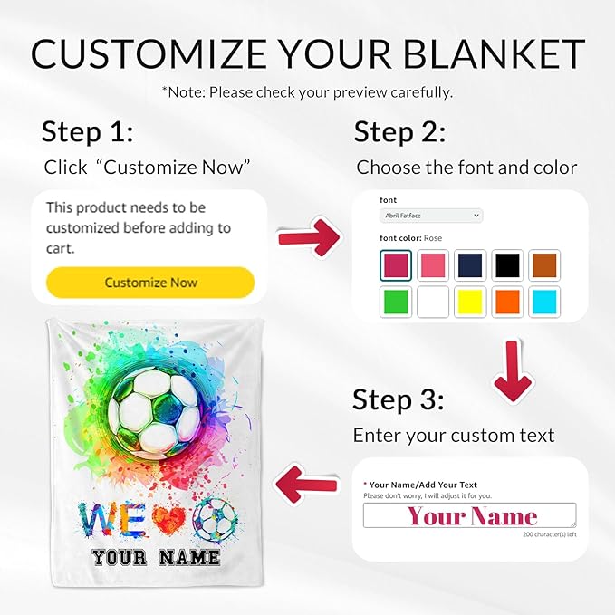 Personalized Soccer Throw Blanket with Name - Soft, Fuzzy & Warm - 30x40 Inches Lap Size Blanket for Couch, Office - Colorful Cute Throw Gift for Girls, Boys