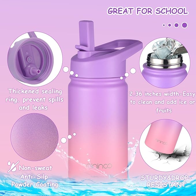 Mininoo Insulated Kids Water Bottle, 12 oz Stainless Steel Water Bottle Kids with Straw Lid and Chug Lid for Girls, Boys (Purple/Pink)