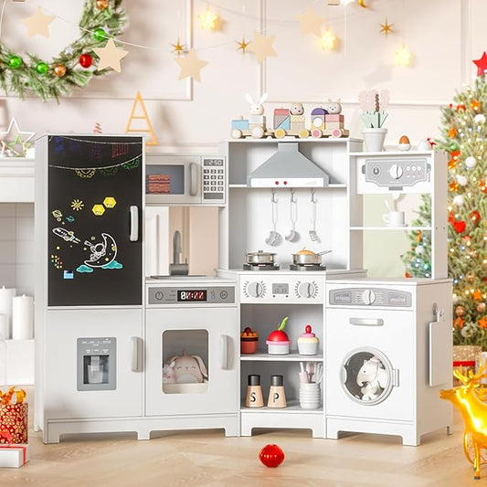 MAMIZO Wooden Corner Play Kitchen, Large Ultimate Interactive Toddler Pretend Kids Kitchen Playset with Blackboard, Stove & Range Hood w/Light & Sound, Ice Maker, Washing Machine, 6 Toy Set (White)