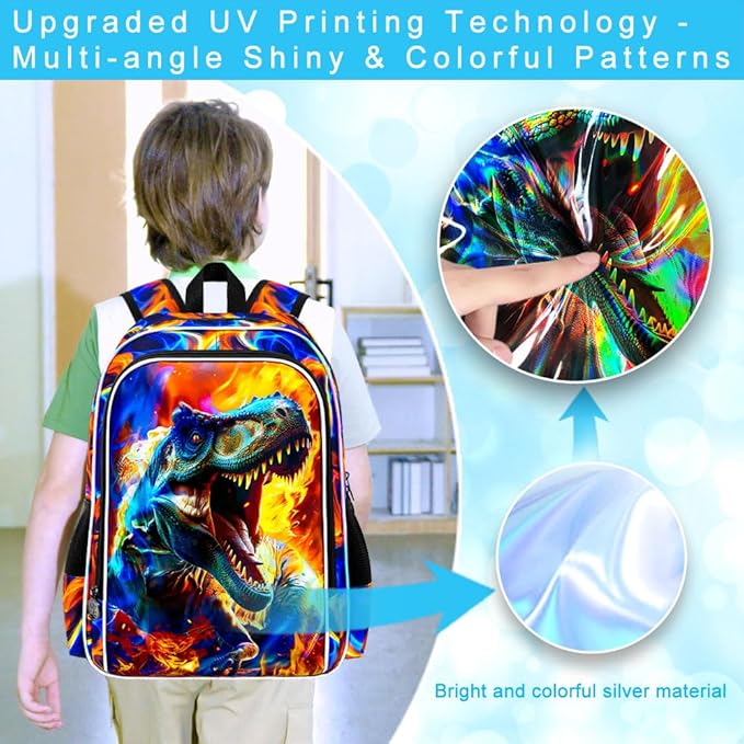 17" Dinosaur Backpack for Boy, 3Pcs Fire Bookbag for Elementary Preschool Kindergarten, Kids School Backpacks with Lunch Box (Red)