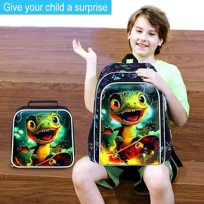 3Pcs Dinosaur Backpack for Boy, 16" Bookbag with Lunch Box, Kids School Backpacks for Elementary Preschool Kindergarten (Black)