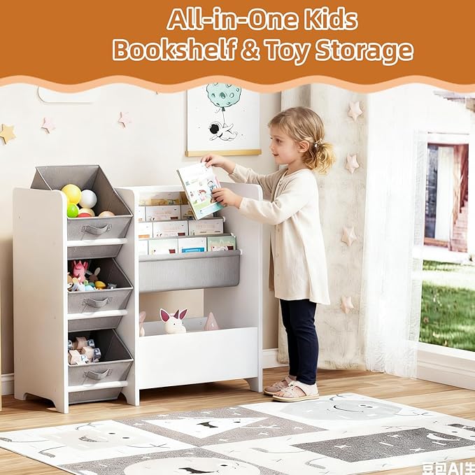 Kids Bookshelf & Toy Storage Organizer, Wooden Montessori Bookcase with Front-Facing Display Shelves and Fabric Bins, Toddler Book Shelf for Playroom, Bedroom & Small Spaces – White