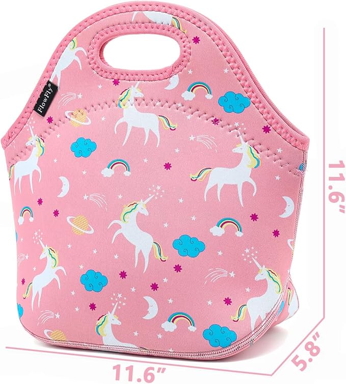 FlowFly Neoprene Lunch Tote Insulated Thermal Reusable Lunch Bag Box for Boys Men with Zipper,Unicorn