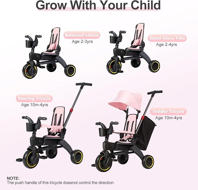 5-in-1 Compact, Foldable Tricycle - Suitable for Toddlers 10 to 36 Months Push Tricycle Bike for Toddlers with Removable Handle Seat Adjustable Canopy for Kids Pink