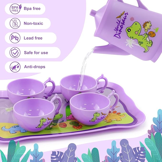 Motiloo 41 Pcs Dinosaurs Kids Tea Party Set with Carrying Case & Sweet Treats Playset - Pretend Toy Tin Tea Set for Little Girls - Princess Tea Time Pretend Play Tea Set Toys