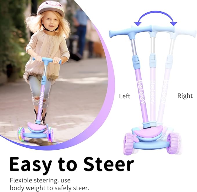 BELEEV A8 Scooter for Kids Ages 3-12, 3 Wheel Folding Scooter for Toddlers Girls Boys, LED Light-Up Wheels, 4 Adjustable Height, Lean to Steer, Extra Wide Wheels, Three Wheel Kick Scooter for Children