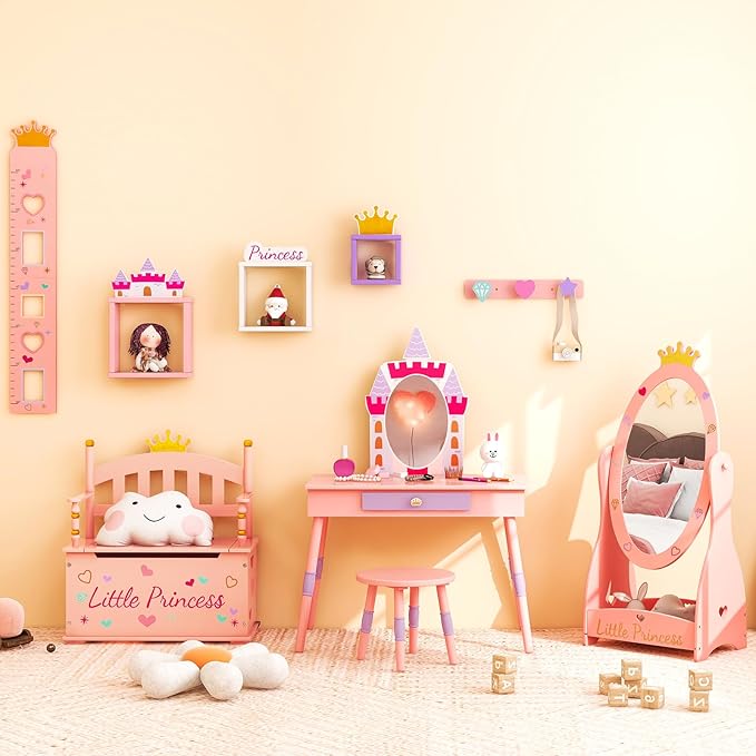 HONEY JOY Kids Vanity Set, Castle Pretend Play Vanity Table & Chair Set w/Drawer, Princess Makeup Dressing Table for Toddlers, Rich Accessories, Girls Vanity Set with Mirror and Stool, Pink
