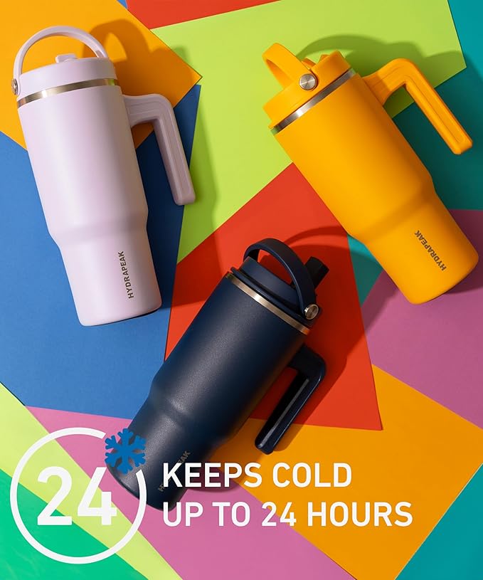 Hydrapeak Kids Voyager 18 oz Tumbler with Handle and Flip-Up Straw Lid | Spill Proof and Leak Resistant | Reusable Stainless Steel Water Bottle | Gift for Kids Boys Girls | Citrus