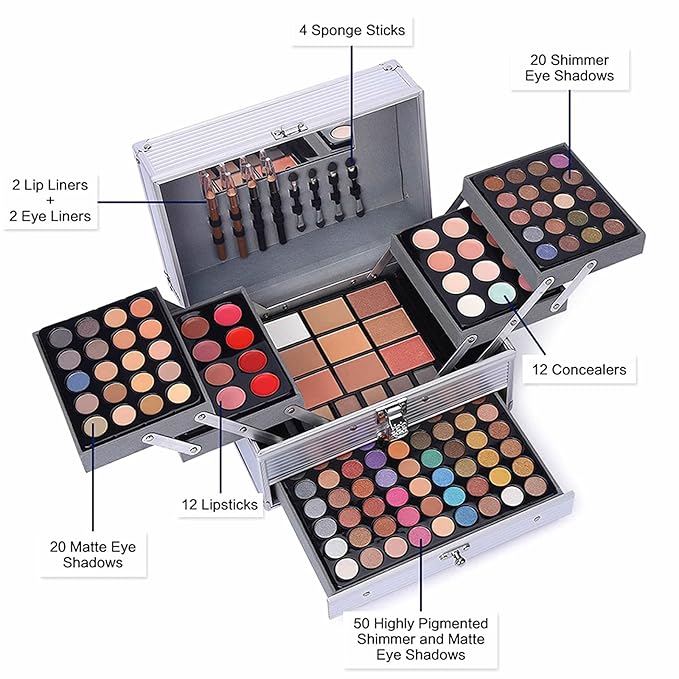 132 Color All In One Makeup Kit,Professional Makeup Case,Makeup Set for Teen Girls,Makeup Palette,Multicolor Eyeshadow Kit(006N2-Silver)