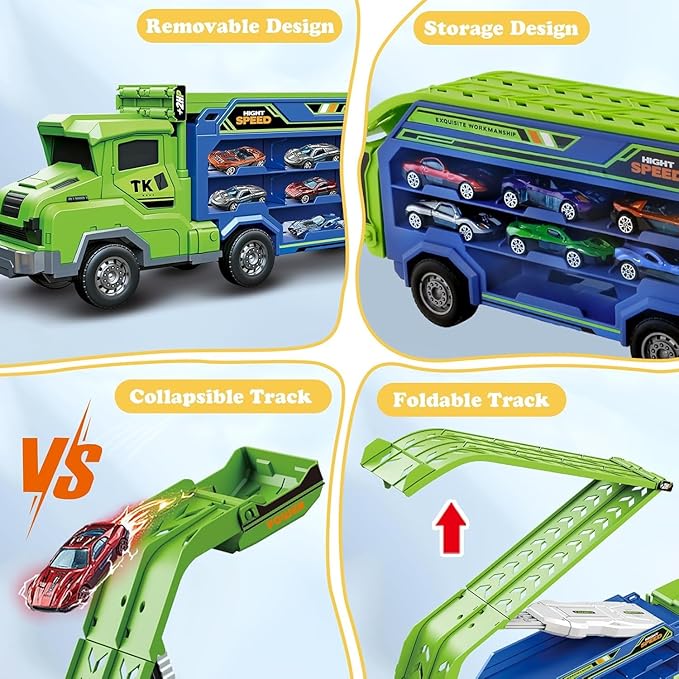Toddler Car Truck Toys,Car Carrier Truck Toys for Kids Age 3-5 4-8,Foldable Car Track Sets with 2.8-Ft Race Track and 6 Die-Cast Race Cars, Truck Toys Gifts for 3 4 5 6 7 8+ Year Old Boys Girls(Green)