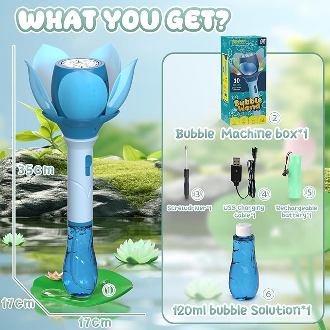 PANACARE Bubble Wand Blower for Kids Handheld Lotus Bubble Wand Automatic Bubble Machine with Battery/Light/10000+Bubbles/Bubble Solution Bubble Toy Gift for Girl Boys Party Weddings Outdoor Indoor