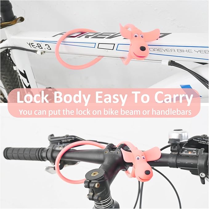 Bike Cable Lock with Keys,Silicone Covered Kids Cable Lock Cartoon Lock,2 Feet Lock for Bike,Door,Skateboard,Helmet and More(Light Pink, Large)