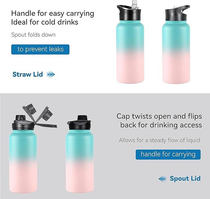 VEGOND 32 oz Insulated Water Bottle Bulk Stainless Steel Metal Water Bottles with Leak Proof Straw Lid & Spout Lid, Wide Mouth Double Walled Vacuum Travel Sports Bottle, 8 Pack