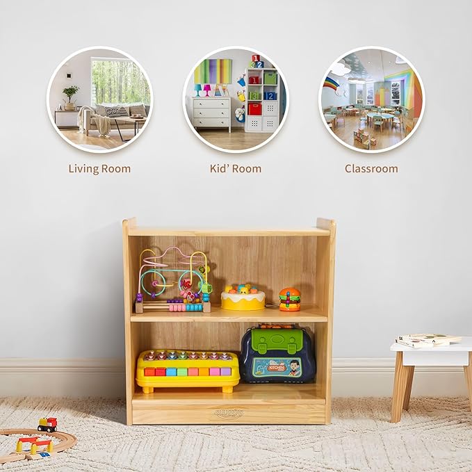 Montessori Shelf, Toy Shelf for Kids, Kids Bookshelf, 2-Tier, 2-Section Wooden Book Shelf, Toy Storage Organizer for Kid Rooms, Palyroom, Nursery (23-5/8"*23-5/8"*11-4/5")